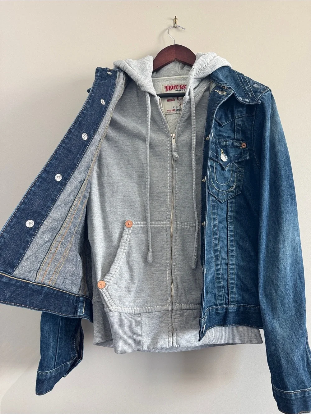Men’s True Religion Denim Jacket with Built-In Hoodie — Rare